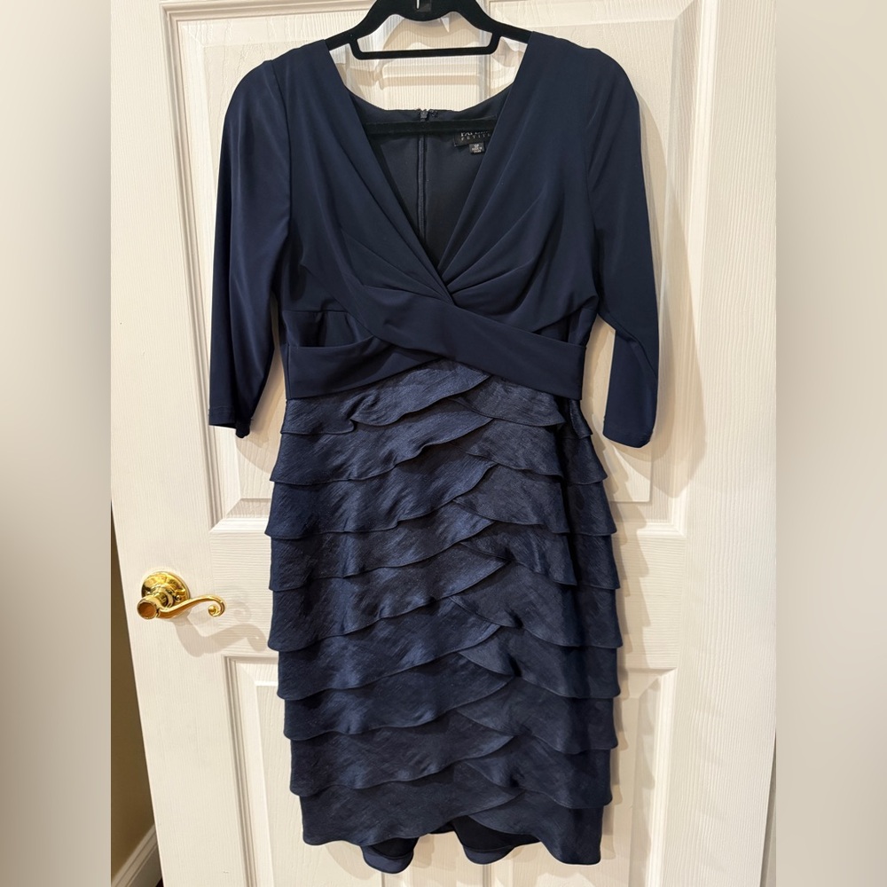 Adrianna Papell Navy Ruffled Tiered Sheath Dress